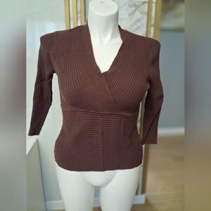 Brown Ribbed V-Neck Sweater